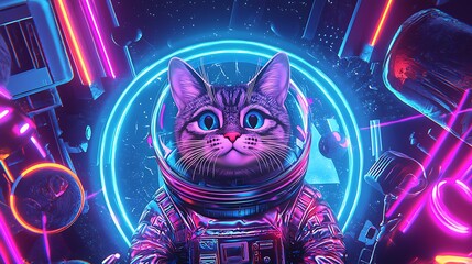 Fototapeta premium Retro Cat Astronaut in Neon Space