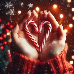 Hands Holding Candy Cane Heart in Christmas Lights