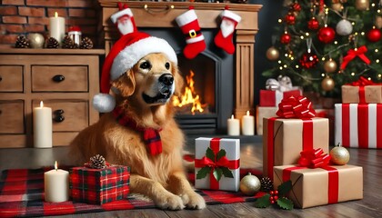 Golden Retriever in Santa Hat by Christmas Fireplace
