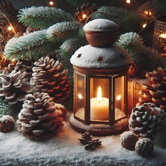 Snow-Covered Lantern with Pine Cones and Christmas Lights