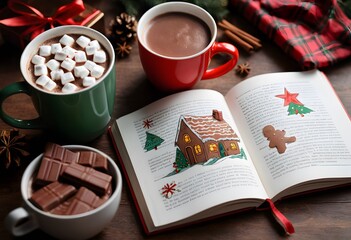 Cozy Christmas Scene with Hot Cocoa and Holiday Book