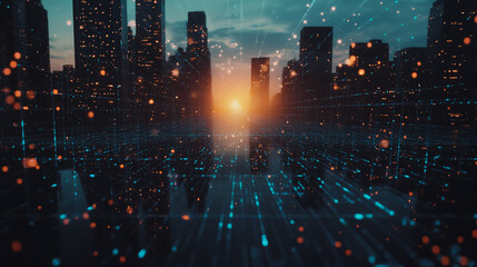 Obraz premium Smart digital Innovation city with connection network reciprocity over the sunset cityscape. of future wireless digital city and social media networking systems that connects people with in city