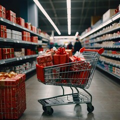 Christmas Shopping Cart Filled with Gifts in Store Aisle
