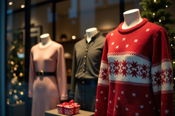 Obraz premium Festive window display with mannequins in cozy holiday attire