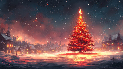 Festive Christmas Tree Decoration in Town Square, Cartoon Style