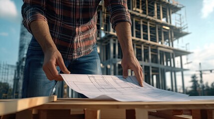 Construction project planning urban development blueprints concrete site close-up view engineering concepts for modern architecture