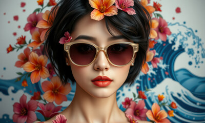 Naklejka premium woman wearing sunglasses surrounded by floral and wave art, exuding vibrant and artistic vibe. Her expression is confident and stylish, blending nature with fashion