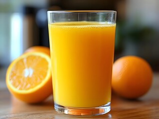 Fototapeta premium A vibrant glass of fresh orange juice next to whole oranges, showcasing a refreshing and healthy drink option.