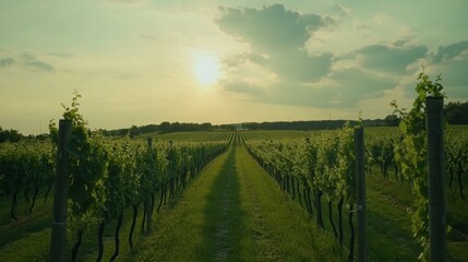 Naklejka premium Serene Vineyard Landscape at Sunset Under Cloudy Sky