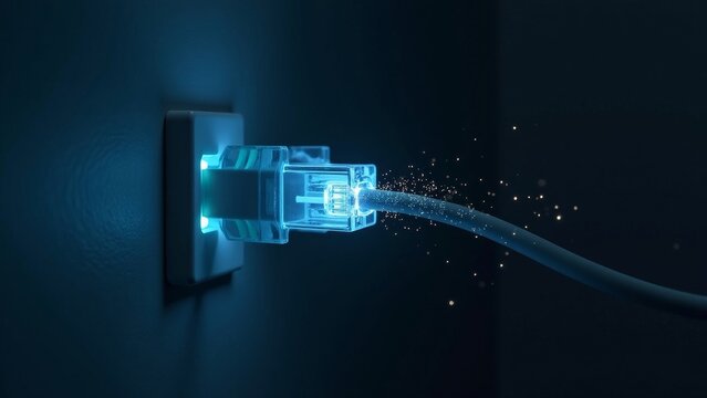 Illuminated unplugged network cable displaying severed data streams in a minimalist dark room