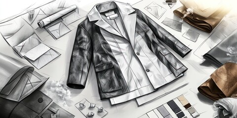 A fashion design illustration featuring a jacket and fabric swatches for a clothing collection.