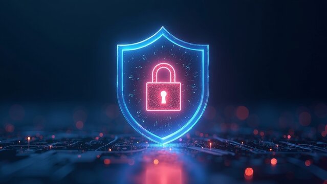 Translucent security shield with glowing lock symbolizing blockchain technology