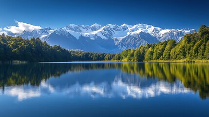 Fototapeta premium A tranquil alpine lake reflecting the surrounding snow-capped mountains under a clear blue sky