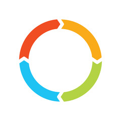 Colored arrow in a circle, four parts. Infographic concept. Vector linear icon isolated on white background.