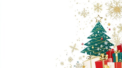 Festive Christmas Ambiance with a White Background, Gold and Red Accents, Snowflakes, and a Central Tree Adorned with Decorations
