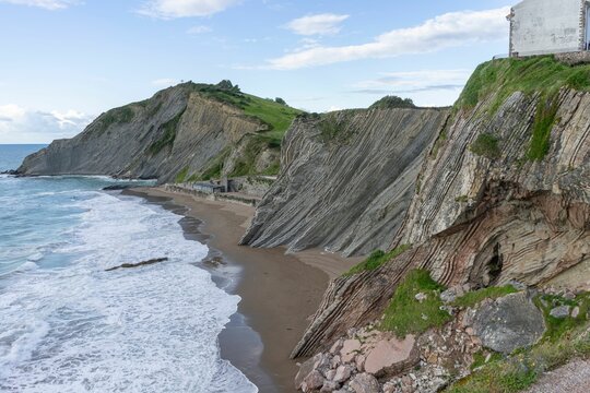 Cliffs that flow into the Bay of Biscay forming flysch between its rocks in the area of Zumaia.