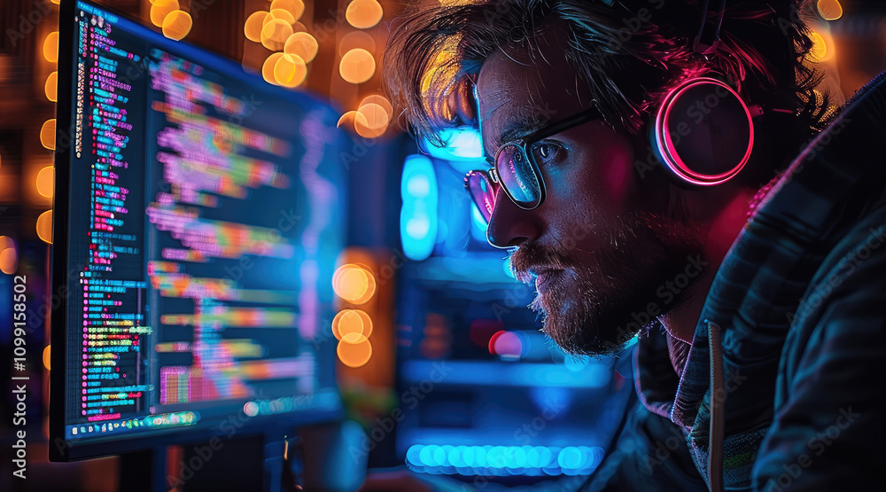 Fototapete a male coding on a high-end gaming setup at night, surrounded by colorful rgb lighting from his keyb