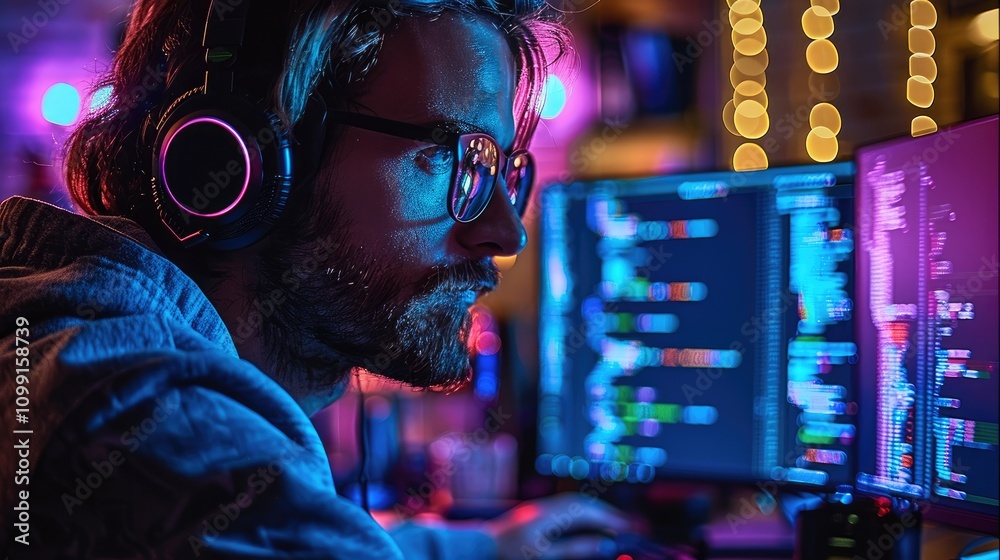 Leinwandbilder a male coding on a high-end gaming setup at night, surrounded by colorful rgb lighting from his keyb