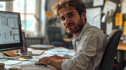 A 25-year-old man who works in a design office, sitting in a chair in front of the computer, is a architect and is very happy, he is relaxed.