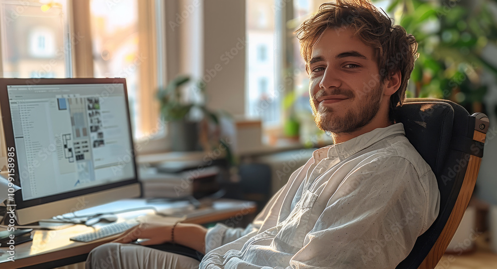 Poster a 25-year-old man who works in a design office, sitting in a chair in front of the computer, is a ar