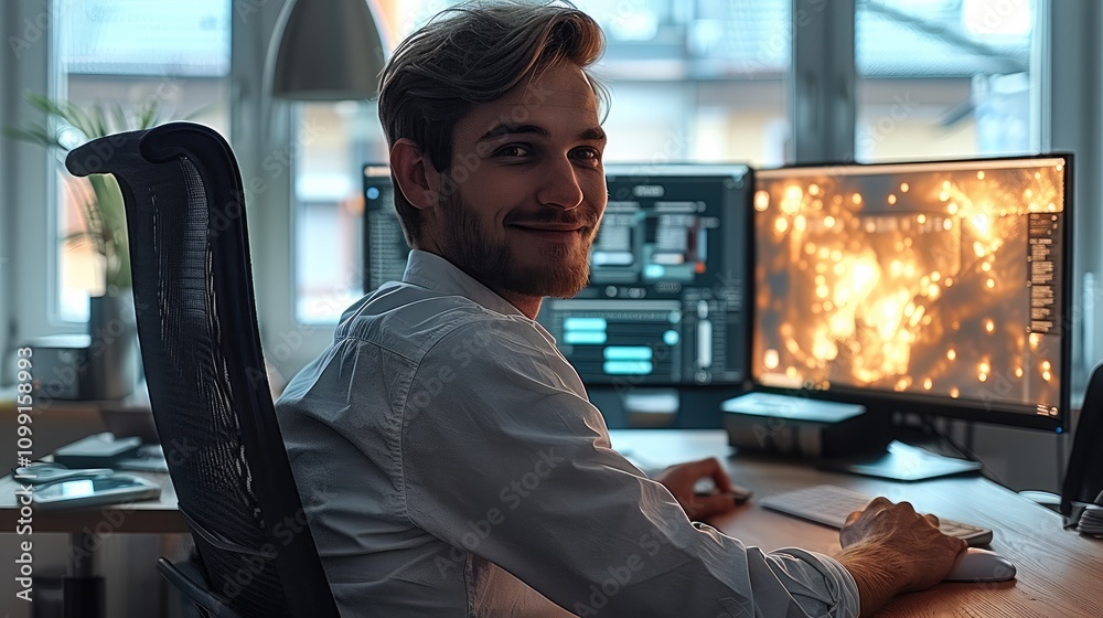 Poster a 25-year-old man who works in a design office, sitting in a chair in front of the computer, is a ar