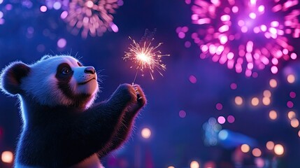 Panda celebrates new year with fireworks night sky animated scene joyful environment playful viewpoint celebration theme