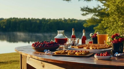Obraz premium Outdoor Feast by the Serene Lake at Sunrise
