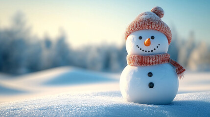 Obraz premium A cheerful snowman stands amidst snowy hills, perfect for winter holiday designs, Christmas cards, or festive winter events.