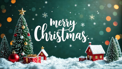Christmas holiday background photography with white Handwriting thin Letters Merry Christmas over Christmas background with small snow Christmas tree, small houses, gifts and ball