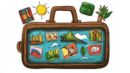 A whimsical illustration of a suitcase filled with travel memories.  Perfect for wanderlusters!