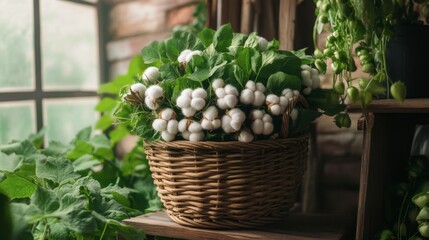 Fresh Cotton Bolls in Rustic Basket Display