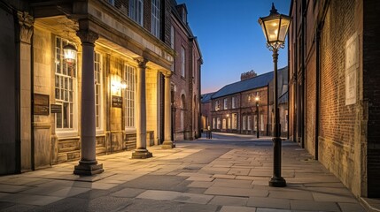 Obraz premium A serene evening view of a historic street, illuminated by a vintage lamp.