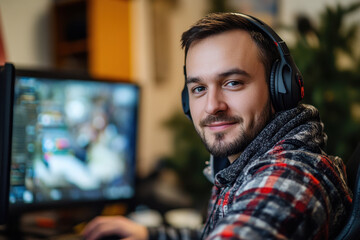 Fototapeta premium happy man wearing headphones sits in front of computer, enjoying gaming. His focused expression reflects his engagement in virtual world