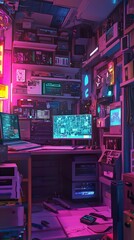 Obraz premium Cyberpunk Tech Room: Neon Dreams of a Digital Future