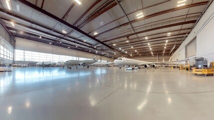 A spacious aircraft hangar with multiple planes and a clean, well-lit environment.