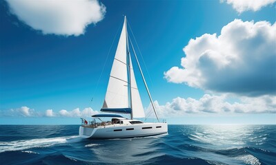 Sailing yacht on open sea with blue sky and puffy clouds