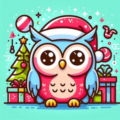 Obraz premium Cute owl in colorful christmas theme