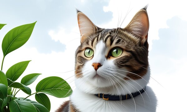 Calico cat with vibrant green eyes and plant in background - Powered by Adobe