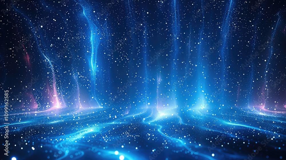 Poster Blue background with glowing lines and stars, data flow concept. Abstract digital technology illustration of futuristic space with light streaks and vertical streams.