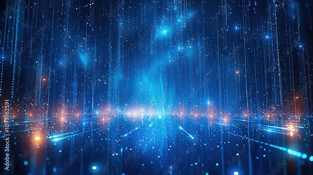 Poster Blue background with glowing lines and stars, data flow concept. Abstract digital technology illustration of futuristic space with light streaks and vertical streams.