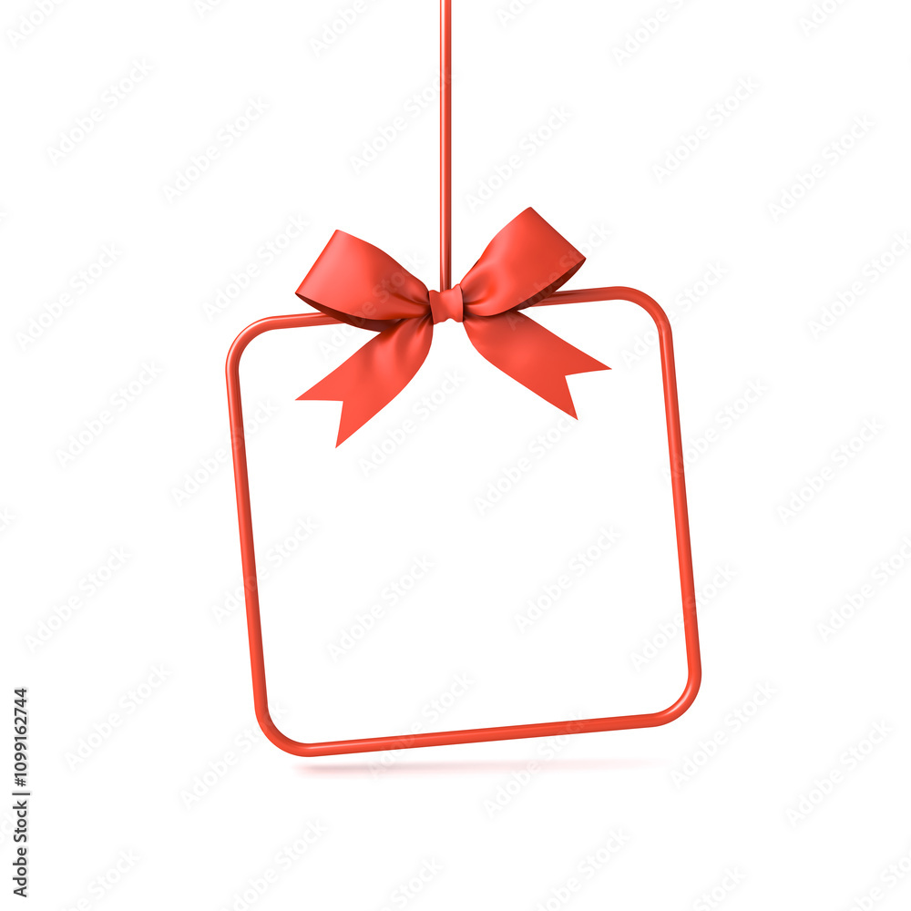 Aufkleber Hanging gift box or red present frame border mockup isolated on white background with shadow minimal creative idea concepts 3D rendering