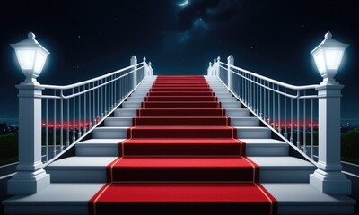 Fototapeta premium Illuminated red carpet staircase under starry night sky