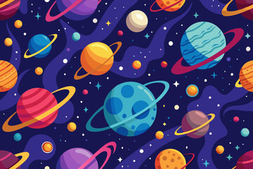 Seamless pattern with colorful planets stars and abstract shapes
