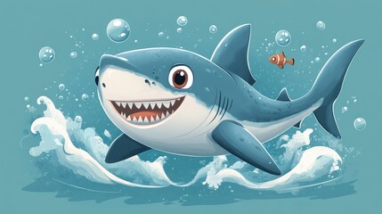 Obraz premium Happy Shark Swimming In Ocean Waves With Small Fish