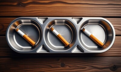 Three cigarettes neatly arranged in stainless steel ashtray on wooden table surface