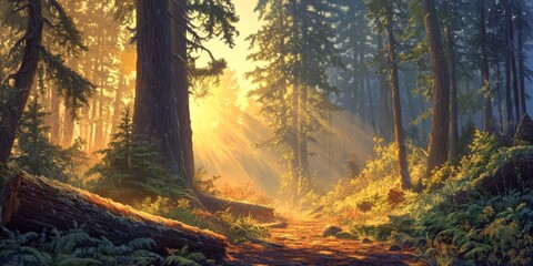 A dense forest with towering pine trees, illuminated by soft golden sunlight filtering through morning mist. The scene captures dew-covered leaves and fallen logs overgrown with moss