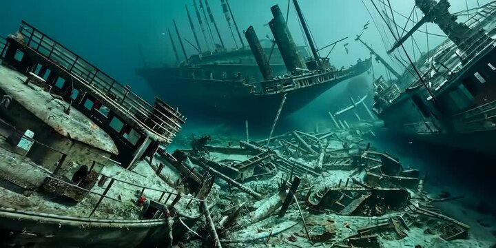 Underwater ship graveyard with sunken vessels, 4K Video