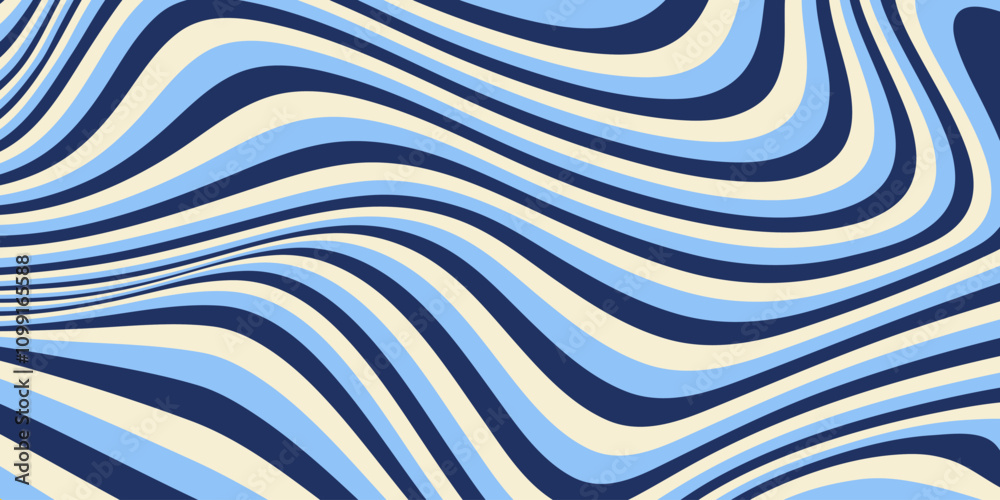 Poster Abstract horizontal background with dynamic waves. Trendy vector illustration in style retro 60s, 70s. Blue and beige colors	