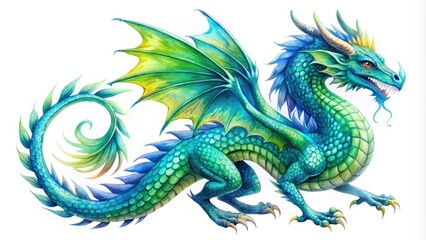 Obraz premium Blue and Green Watercolor Dragon Illustrations on White Background, Isolated Art, Fantasy Creatures, Mythical Beasts, Vibrant Colors, Decorative Elements