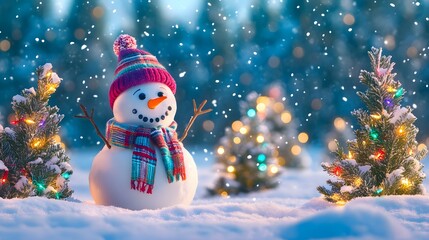 Obraz premium Festive Snowman In Winter Wonderland With Christmas Trees